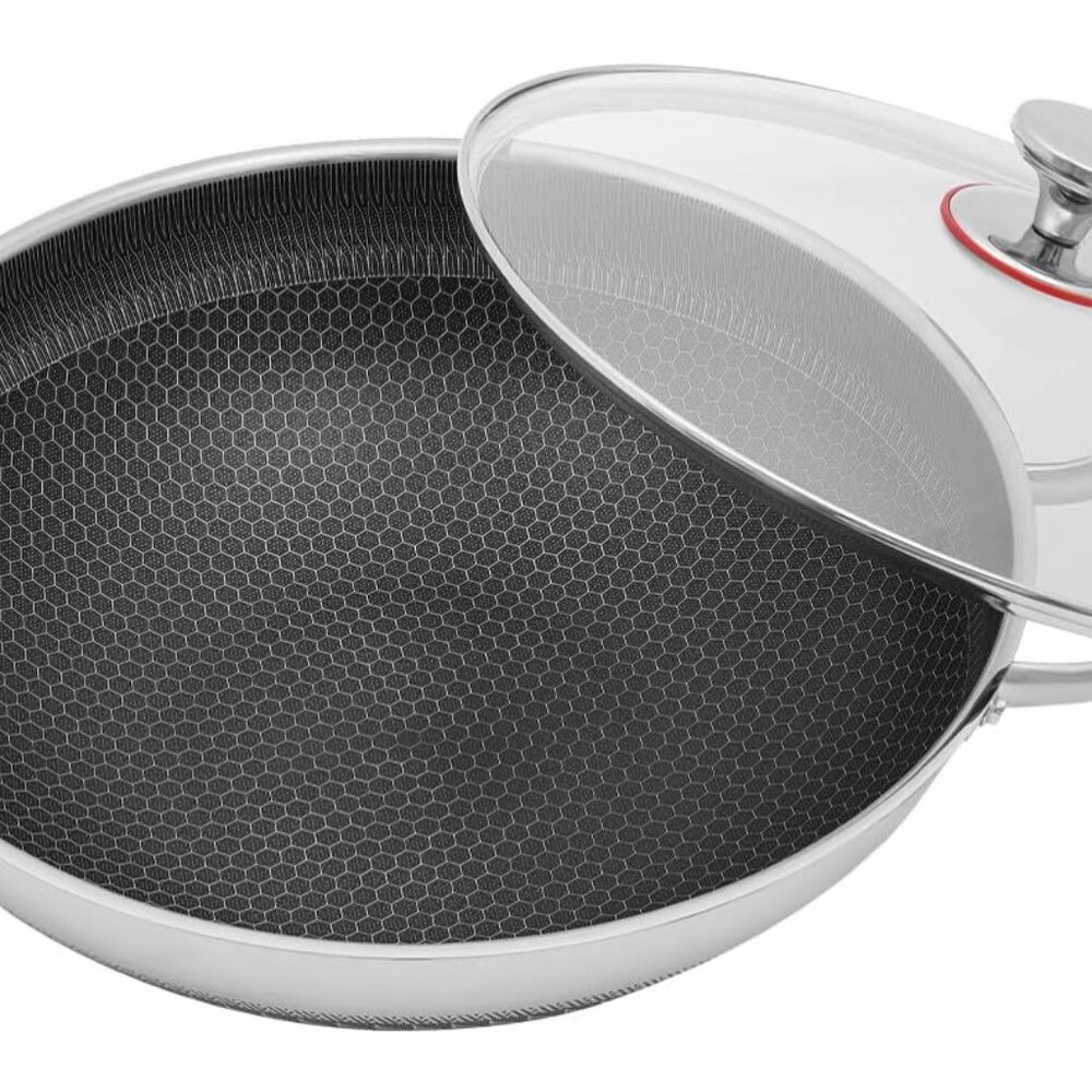 Stainless Steel Skillet with Lid, Non Stick Paella Pan, Induction Compatible